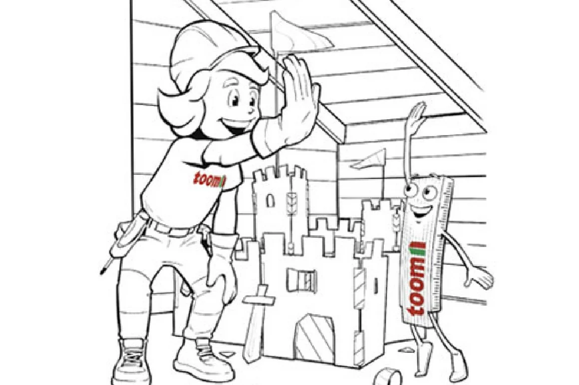 Tom und Zolli Malvorlage: Person und Zollstock bauen eine Burg aus Pappe.
